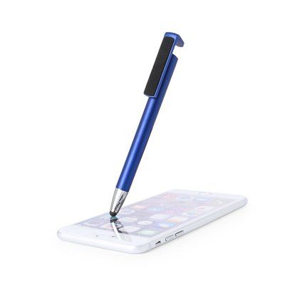 Bolígrafo satinado con soporte móvil, puntero táctil y limpia pantallas