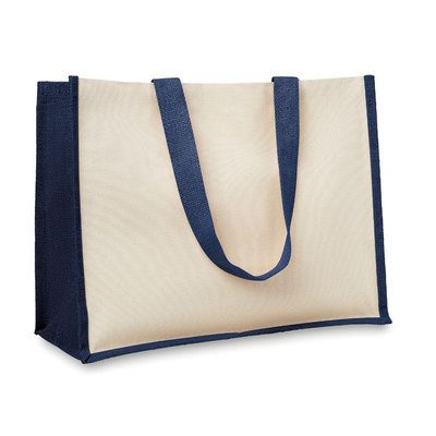 Bolsa de playa de canvas y yute con interior laminado y asas de algodón Azul