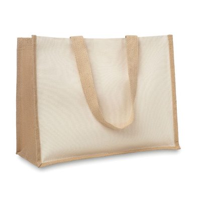 Bolsa de playa de canvas y yute con interior laminado y asas de algodón Beige