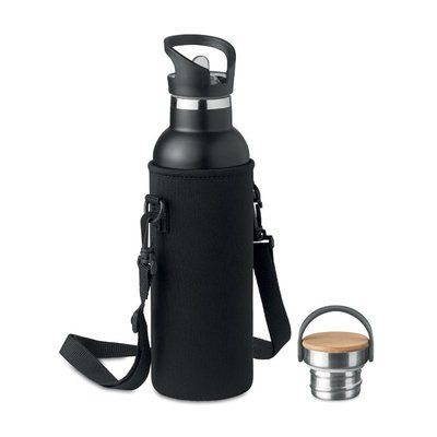 Botella Aislante 2 Tapones y Bolsa Neopreno Negro