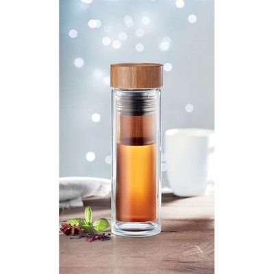Botella personalizada ecológica de vidrio con infusor de té 420ml