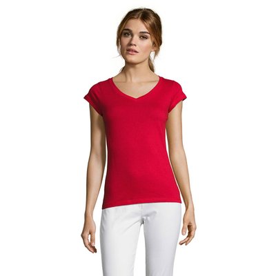 Camiseta Mujer Entallada Algodón Escote Pico Rojo 3XL