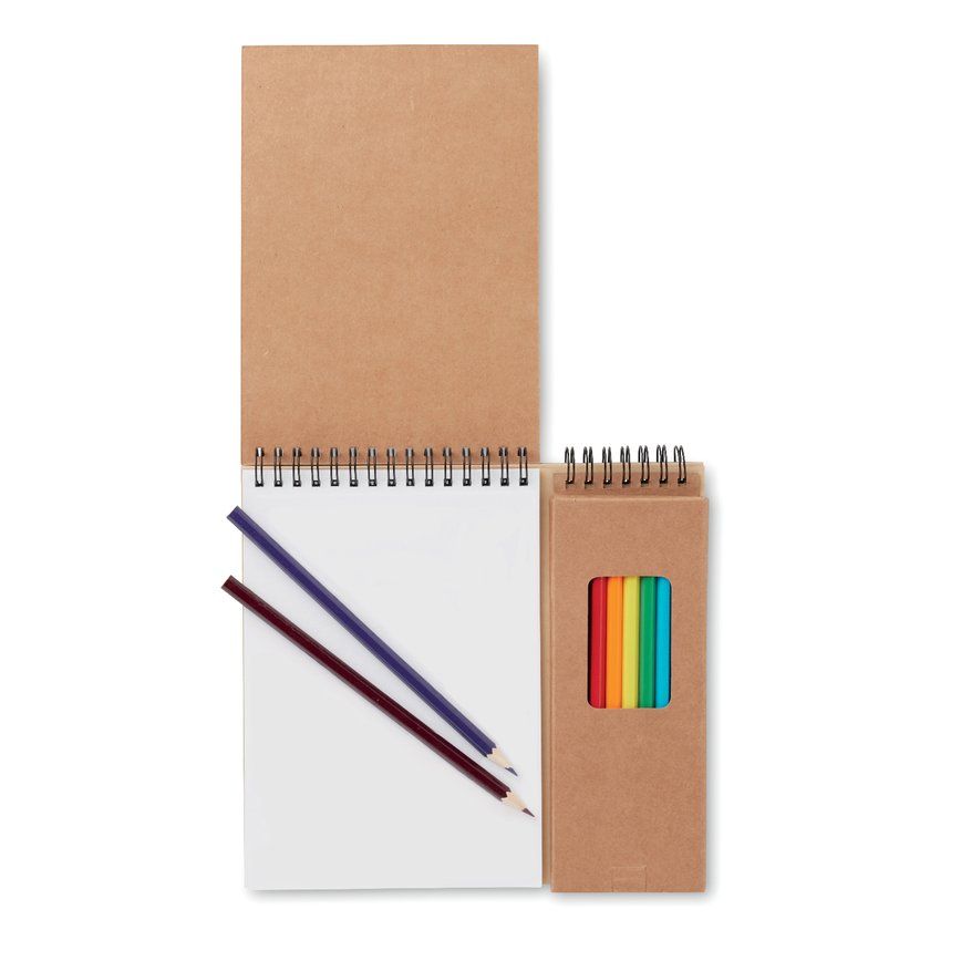 Libreta de cartón personalizable con dibujos y lapices de colores