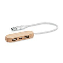 Hub USB Bambú 3 Puertos 24cm Cable Madera