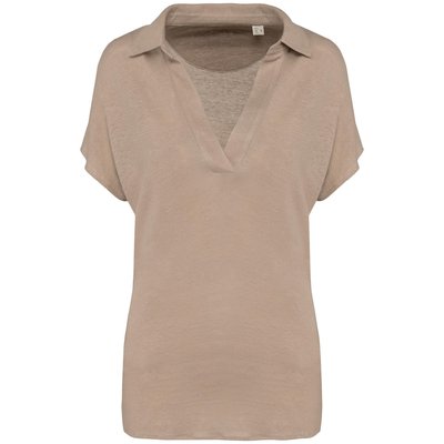 Polo de lino mujer ajustado mangas caídas Beige S