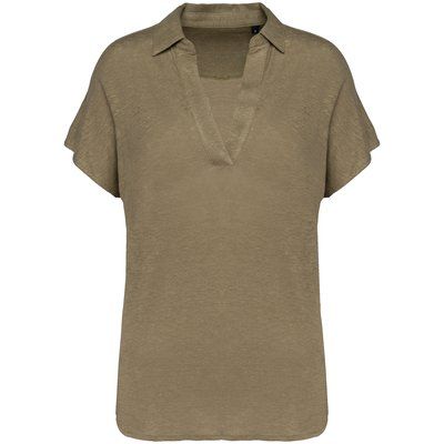 Polo de lino mujer ajustado mangas caídas Light Olive Green M