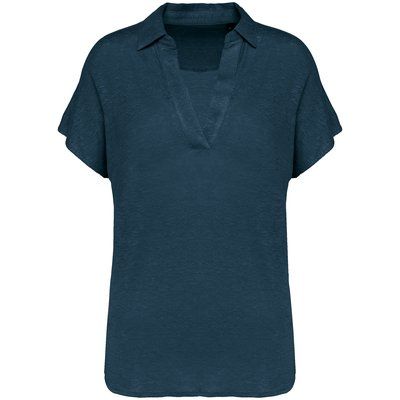 Polo de lino mujer ajustado mangas caídas Peacock Blue L