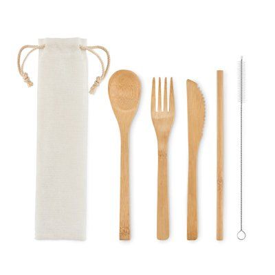 Set Cubiertos Bambú con Limpiador Pajita Beige