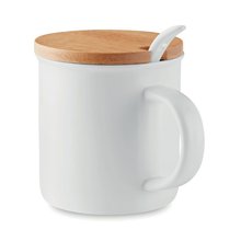 Taza 380ml con Tapa Bambú y Cuchara Blanco