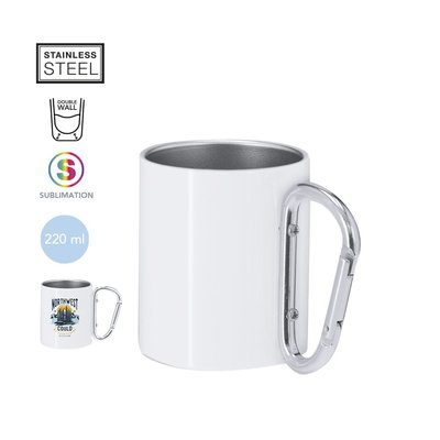 Taza de acero blanca con asa mosquetón 220ml