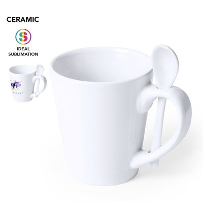 Taza cerámica blanca 350ml con cucharilla