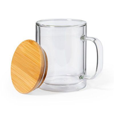 Taza Doble Pared 370ml y tapa bambú