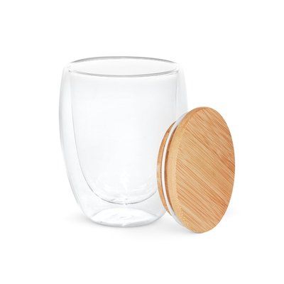 Taza de vidrio con tapa de bambú