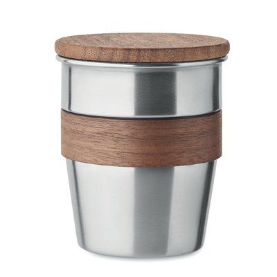 Vaso acero inox 350ml asa y tapa de nogal Plata Mate