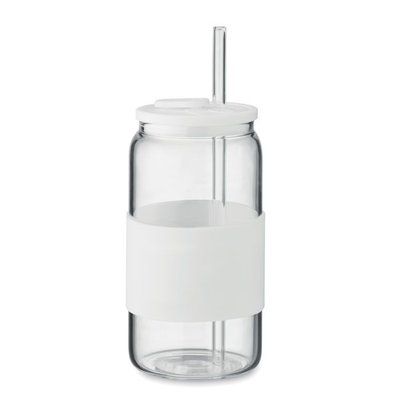 Vaso borosilicato con tapa banda y pajita 550ml Blanco