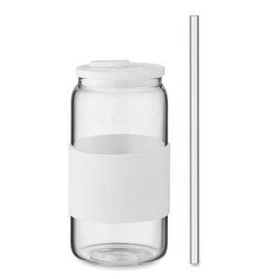 Vaso borosilicato con tapa banda y pajita 550ml