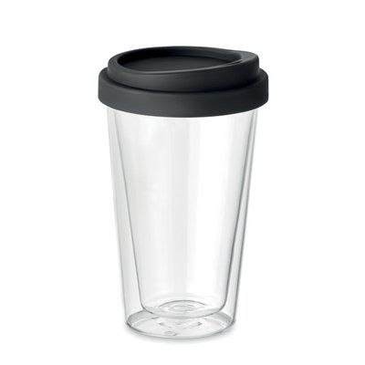 Vaso Cristal Doble Pared 350ml y Tapa Negro