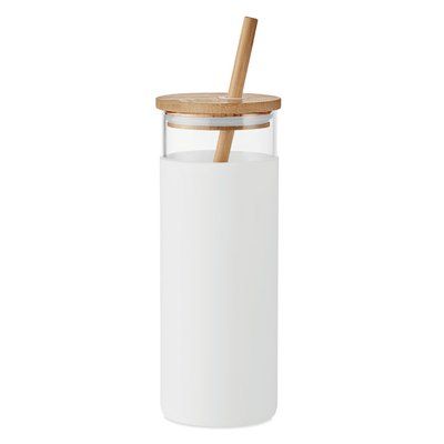 Vaso Cristal con Tapa Bambú 450ml Blanco