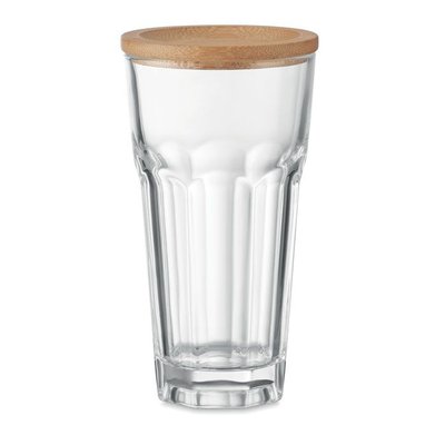 Vaso Cristal con Tapa Posavasos Bambú