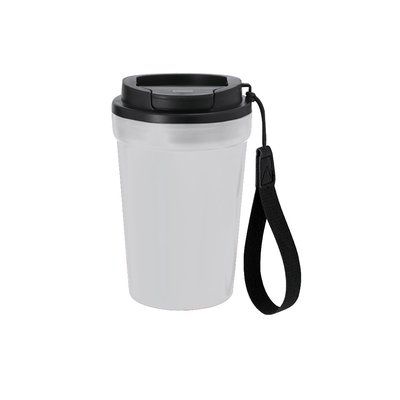 Vaso PP reciclado 360 ml tapa hermética y asa Trans