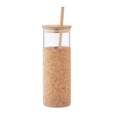 Vaso Vidrio y Tapa Pajita Bambú 450ml Beige